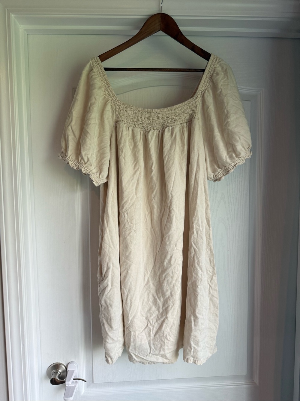 Wonderly Cream Smocked Square-Neck Puff Sleeve mini dress